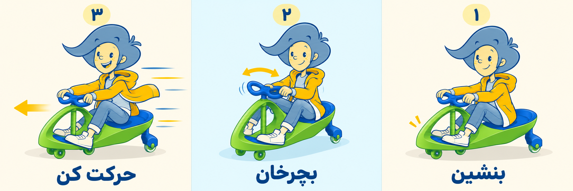 پسر کارتونی روی لوپ‌کار سبز و آبی، با پاها روی جای پا و دست‌ها روی فرمان